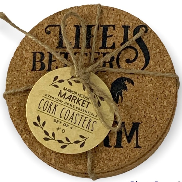 Cork Coaster Set Farmhouse Country Farm Phrases Natural Cork 4 Piece NEW - Picture 2 of 16